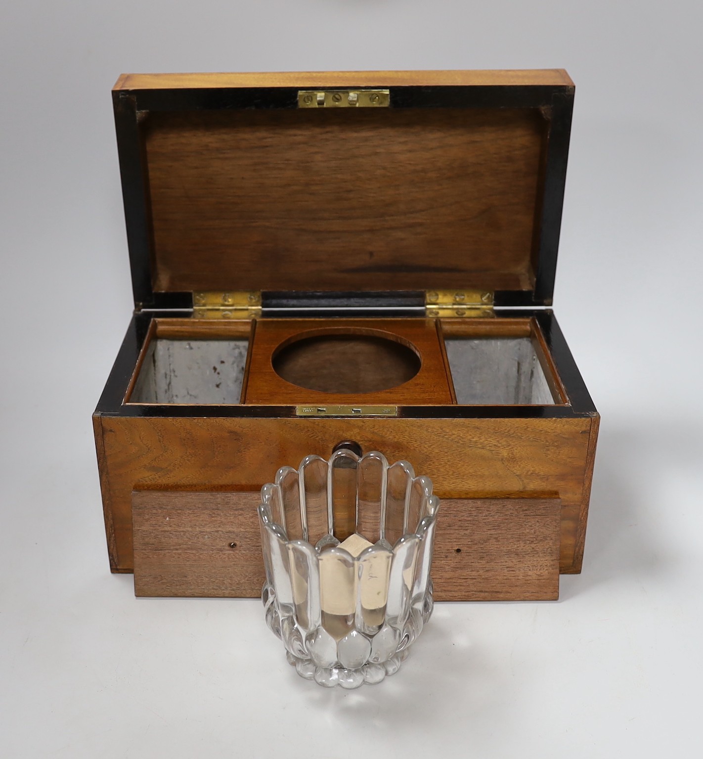 A 19th century with later inlay mahogany tea caddy, 31cms wide, 16cms high